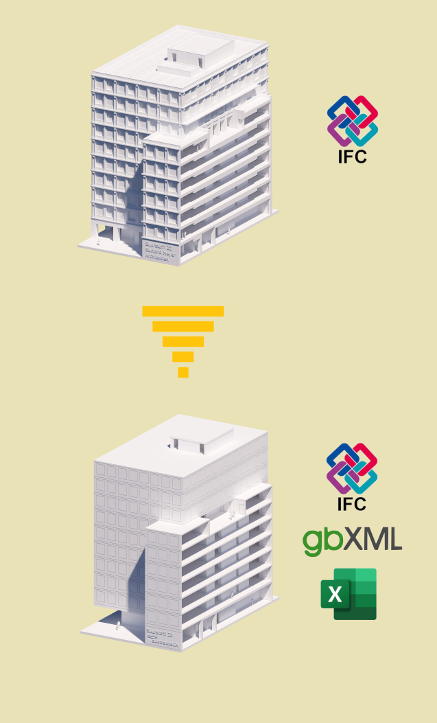 Arkitektonisk IFC-modell omgjort til simulasjonsklar geometri med IFC-, gbXML- og Excel-eksporter